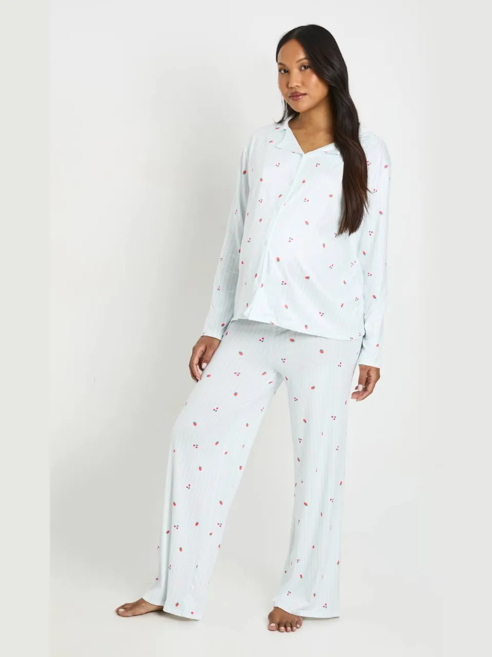 boohoo Dames Zwangerschaps Streep En Fruit Print Pyjama Set Met Lange Mouwen Shirt & Broek blauw, foto 3