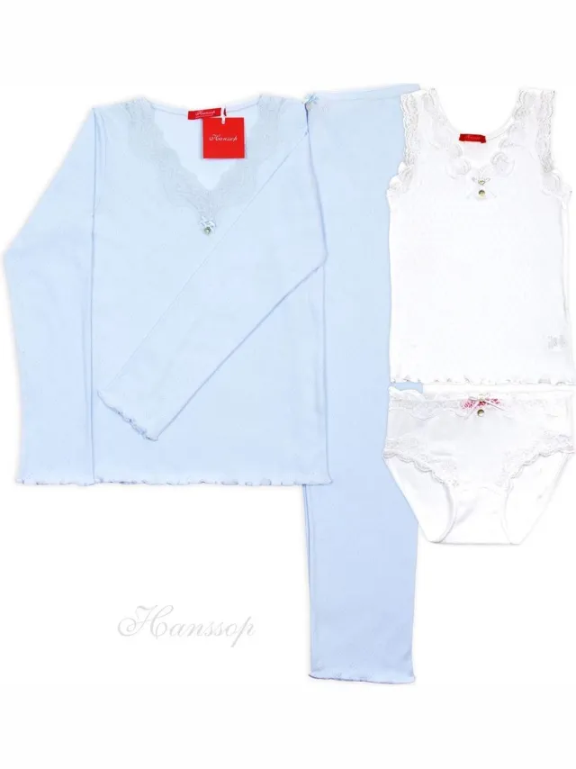 Hanssop Exclusief Luxueus Kinder nachtkleding Hanssop, Luxe licht blauwe pyjama set met bijpassende wit ondergoed setje