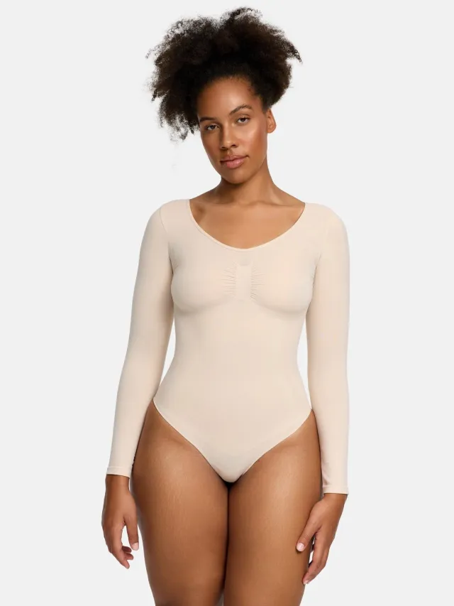 cfab Bodysuit met corrigerende werking, lange mouwen en bijpassend slipje - Zand