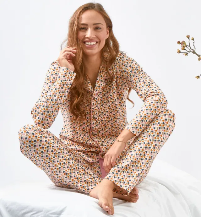 Little Label dames pyjama - roze bladeren-36 - Zachte BIO Katoen