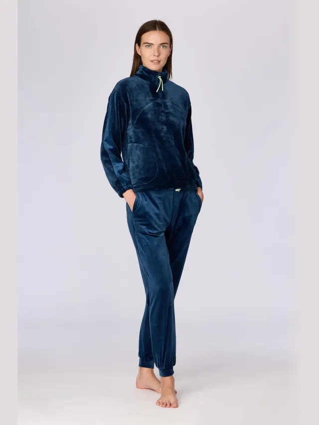 Woody huispak dames velours - donkerblauw - 262-15-TPT-V/881