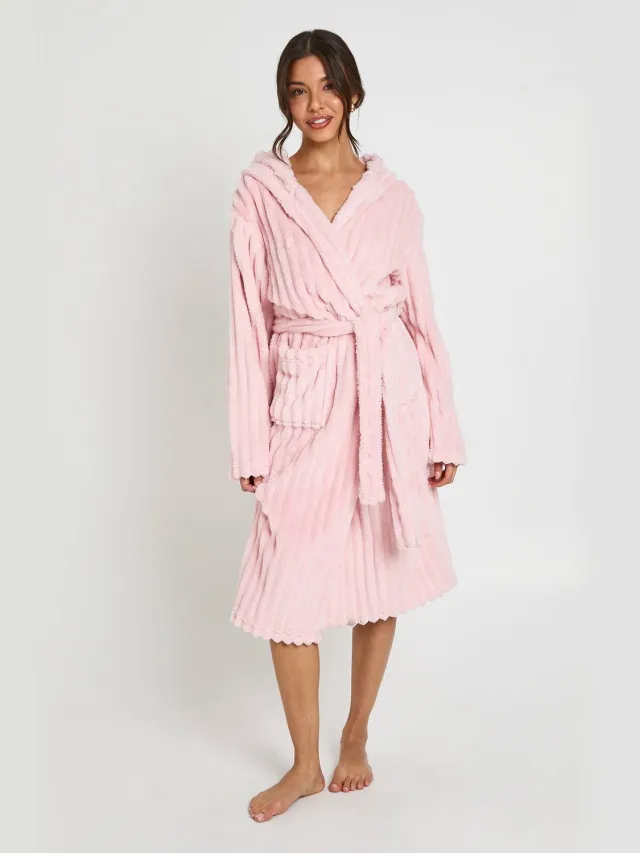 boohoo Dames Geribbelde Fleece Kamerjas Met Capuchon Lang Lichtroze