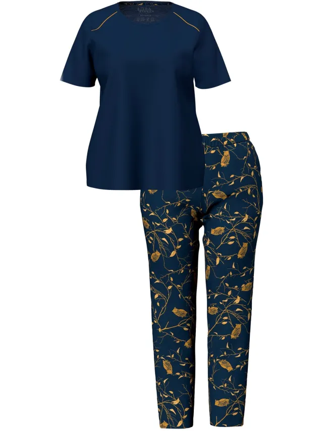 Ulla Popken Dames - Pyjama broek met patroon ronde hals korte mouwen - Nachtblauw - Maat 62+