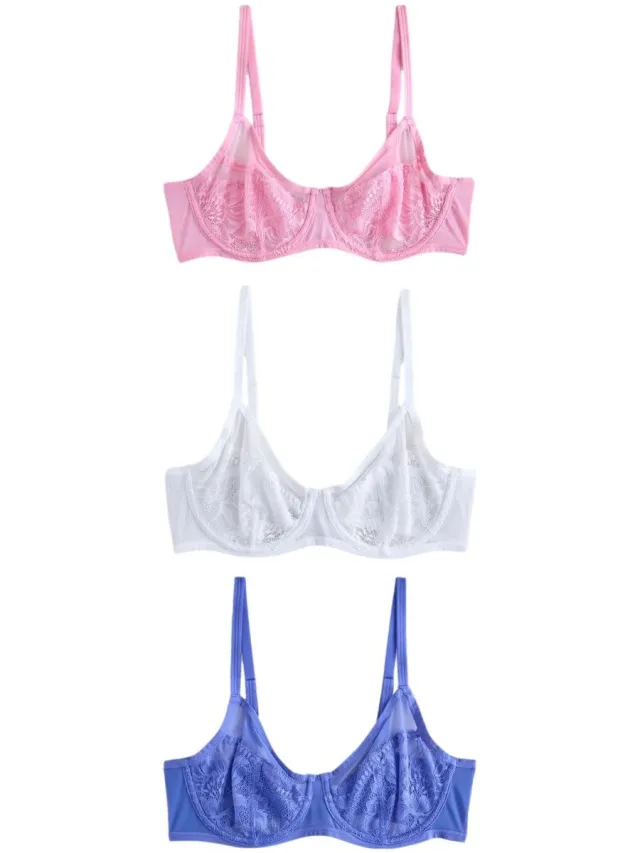 Next Dames - Set van 3 kanten beha's, zonder vulling, volledige cup - Blauw Blue/Pink/White