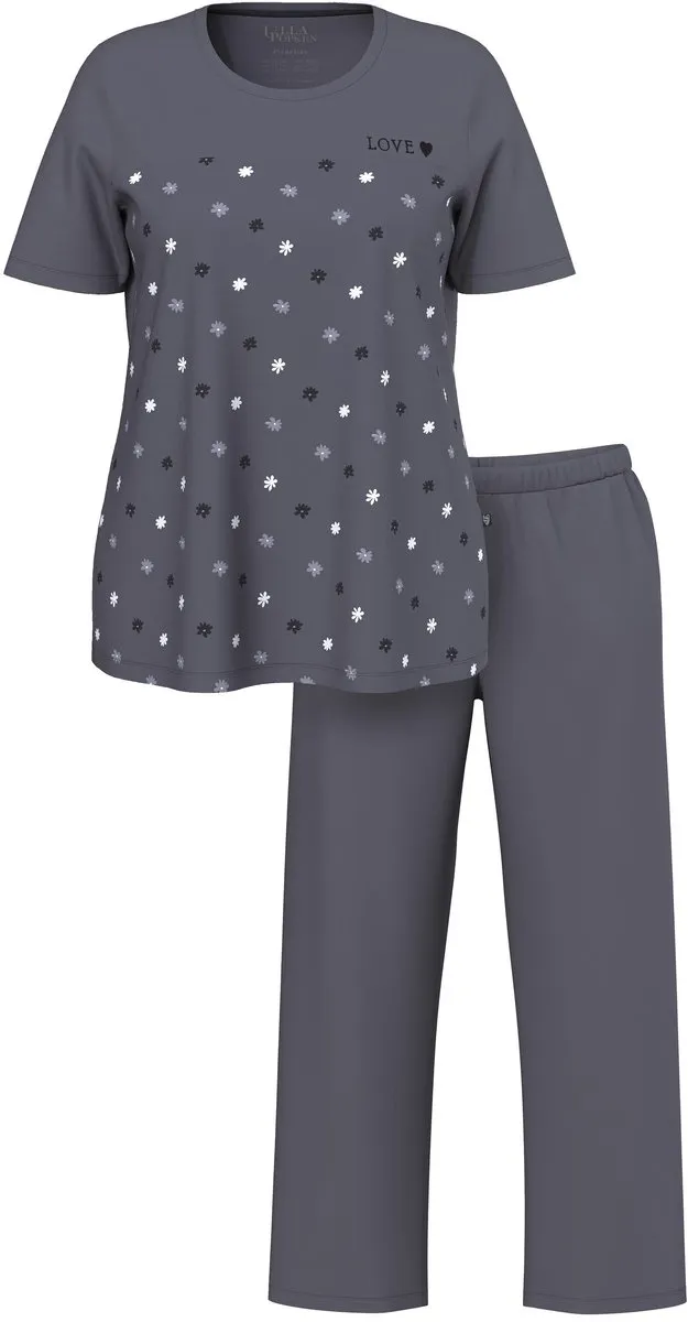 Ulla Popken Dames - Pyjama bloemen borduursel ronde hals korte mouw - Donkergrijs - Maat 42+