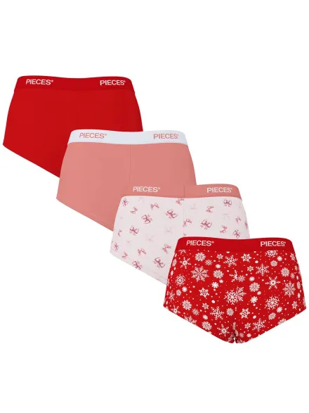 Pieces Dames hipster pclogo 4-pack effen rood/roze/strikjes print/sneeuwvlokken print Veelkleurig