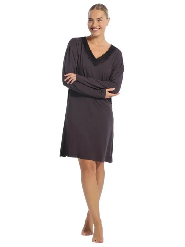 Ten Cate dames nachthemd lange mouw met kant - Antra Grey - Antra Grey / antraciet