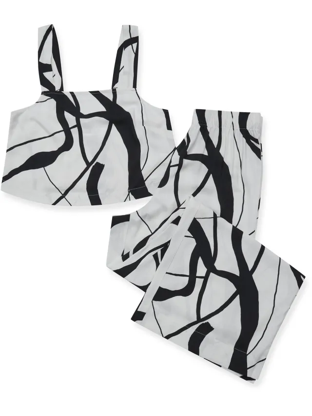 ESOTIQ Joya - Damespyjamaset - Wit met zwarte print - Ruimvallende top - Lange broek Wit;Zwart