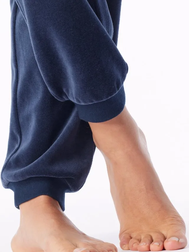 Schiesser dames Casual Velour lang loungeset met velours manchetten - deep sea blue - lange pyjama - deepseablue