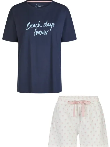 By Louise Dames korte pyjama set shortama donkerblauw/roze Veelkleurig