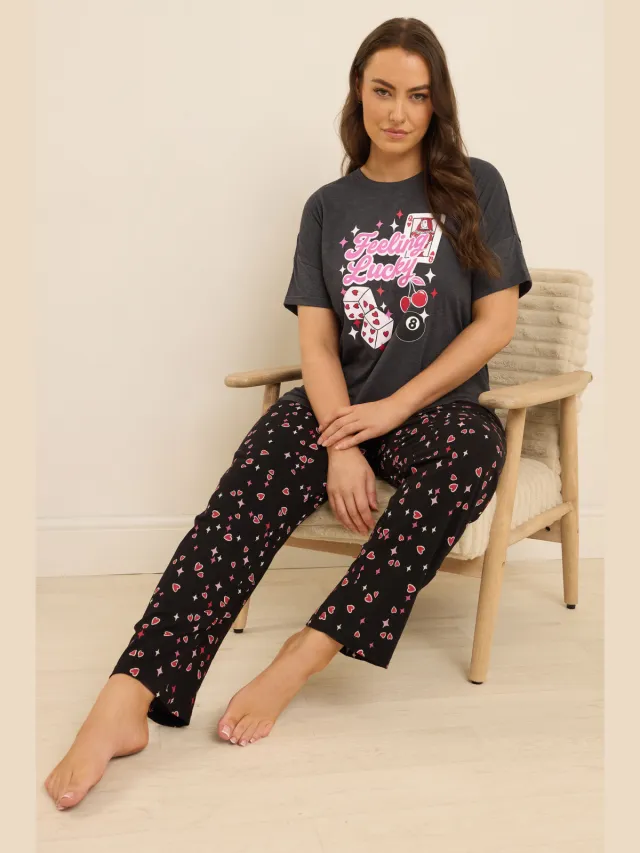 Yours Grey 'Feeling Lucky' Slogan Wijde Pijpen Pyjama Set-60