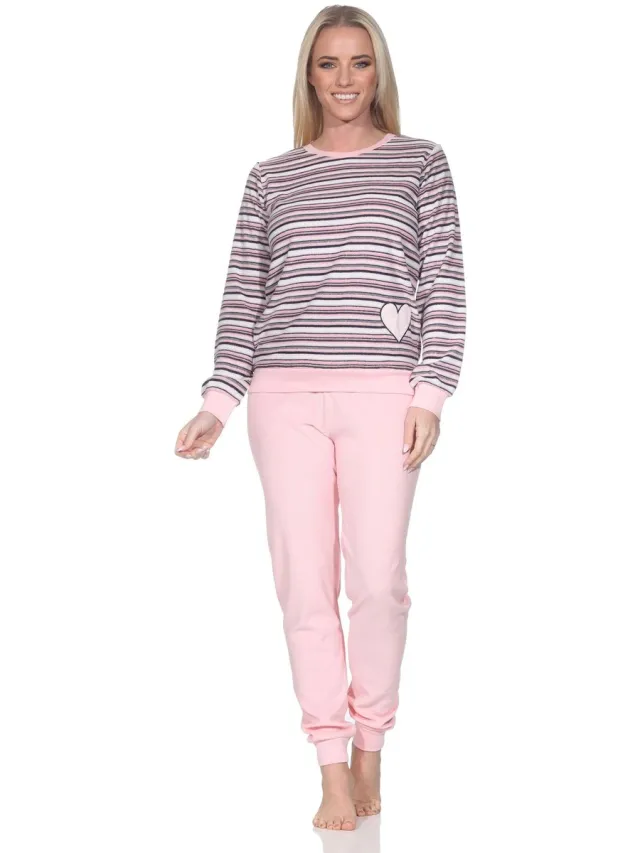 Normann dames badstof pyjama met manchetten, pyjama met hartmotief – ook in grote maten rosa1