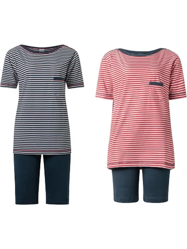 Lunatex 2 dames shortama's 124194 met boothals - zomer pyjama's - rood en donkerblauw rood en navy