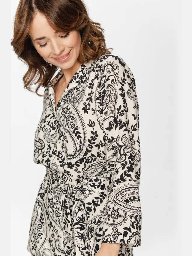 Coemi Dames pyjama loungewear set-comfortabele viscose top met riem-wijde broek-stijlvol en veelzijdig-crème-zwart