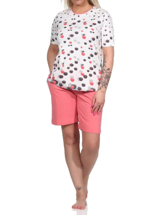 Normann Dames shorty pyjama met korte mouwen in polkadot-look - ook in overmaten apricot