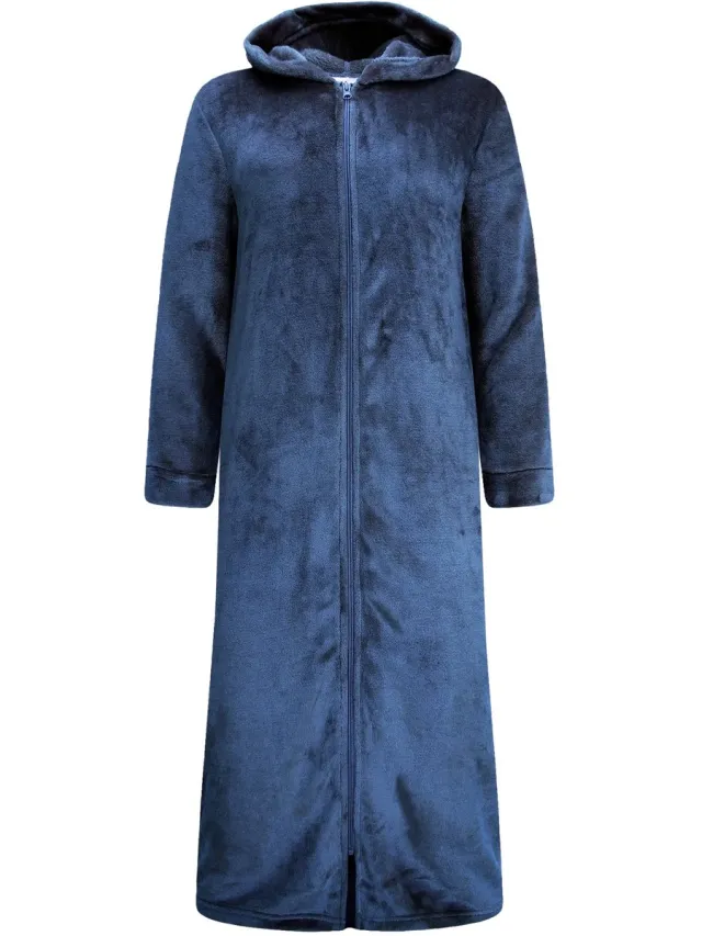 GAUBERT Gaubert Unisex Extra Lange Fleece Badjas Met Rits En Capuchon – Marineblauw