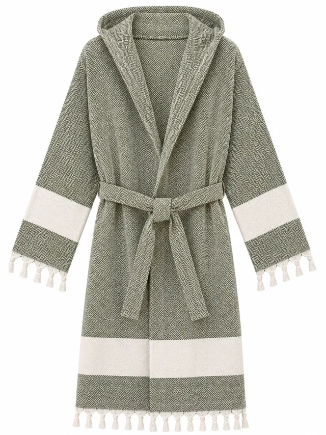FABRIC BOX Badjas Dames & Heren – 100% Katoen – Hamam Peshtemal Badjas – Met Capuchon & Sjaalkraag – Franjes – Absorberend & Lichtgewicht – Halflange Badjas – Sauna, Spa & Wellness Olijfgroen