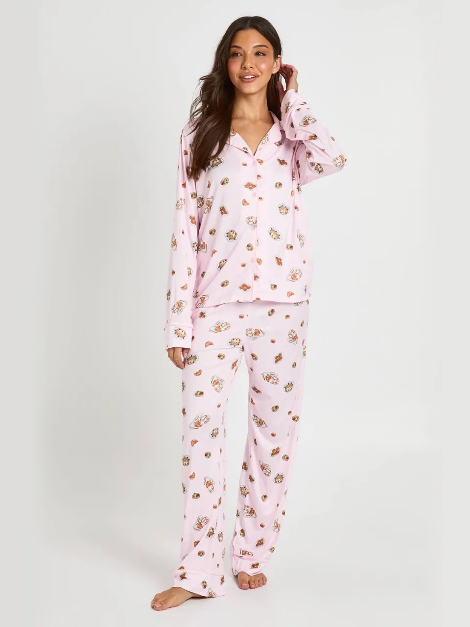 boohoo Dames Pyjama Set Met Ontbijtprint, Paspeldetail, Lange Mouwen En Broek baby roze, foto 3