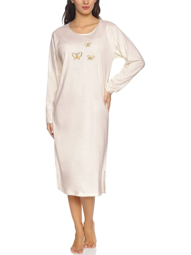 Merry Style Dames Nachtemd - Nachtjapon – Korte mouwen - Katoen – MS-DR-Malwa-ND - Ecru (Lange mouw)