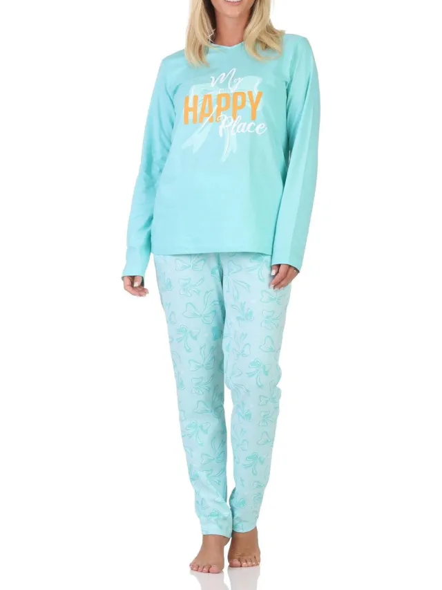 Normann dames lange pyjama in een stijlvolle look met strikken als motief türkis