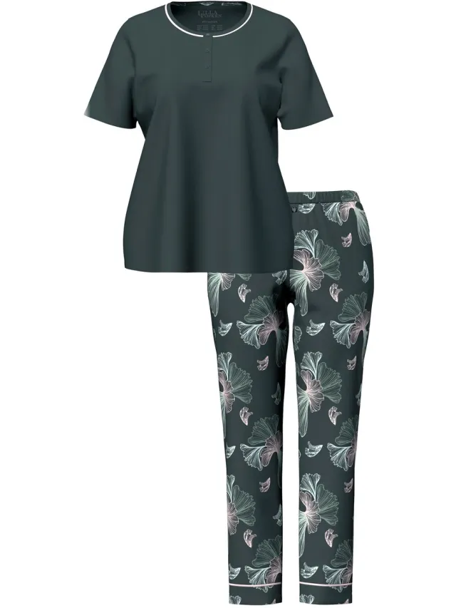 Ulla Popken Dames - Pyjama ginkgopatroon ronde hals korte mouw - Donkergrijsgroen - Maat 58+