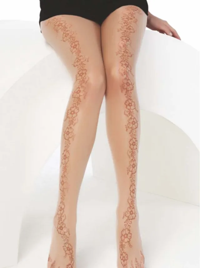 Daymod Fantasie Henna Bloemen Panty - Luxe Fantasie Dames Panty - 15 Denier - NATURAL