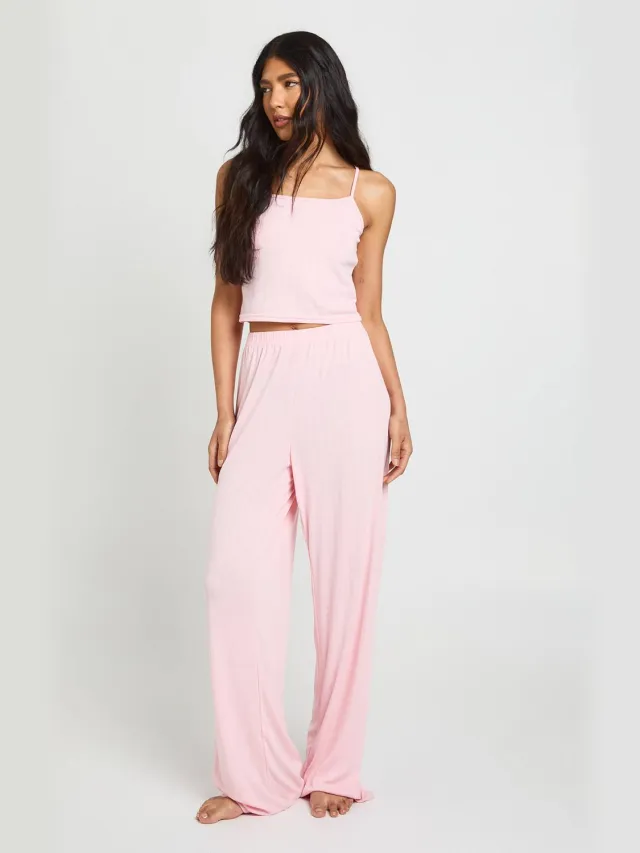 boohoo Dames Tall Pointelle Hemd En Wijde Pyjama Broek Set Baby Roze