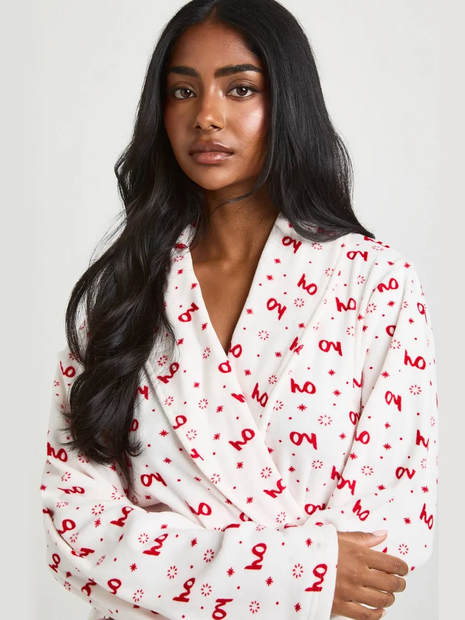 boohoo Dames Kerst Fleece Mini Ochtendjas Met Print wit, foto 4
