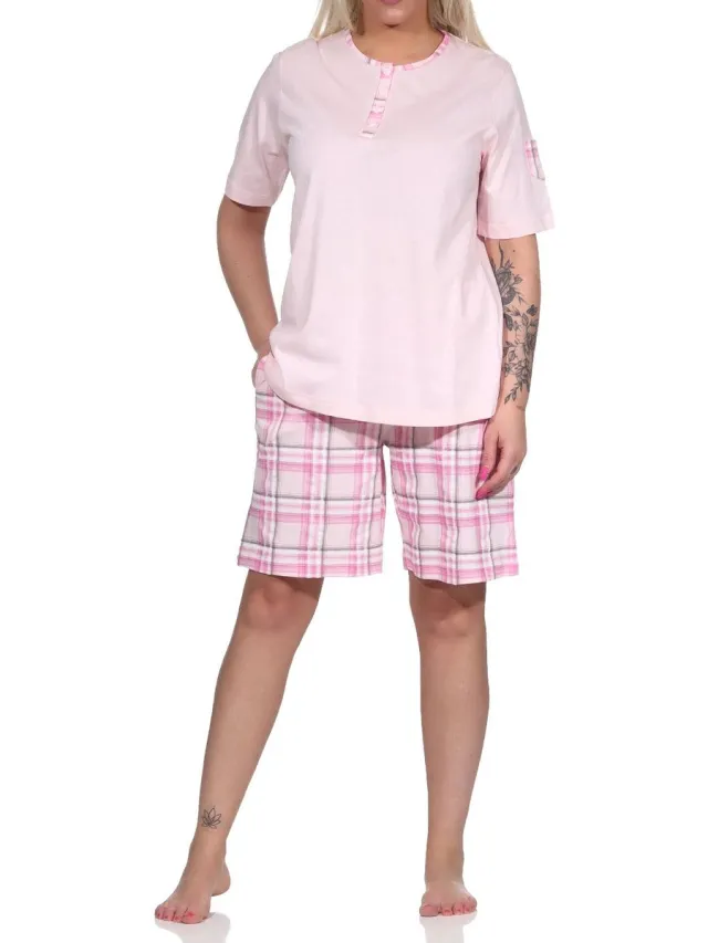 Normann Edele dames shorty pyjama met korte mouwen en geruite broek van jersey - ook in overmaten rosa