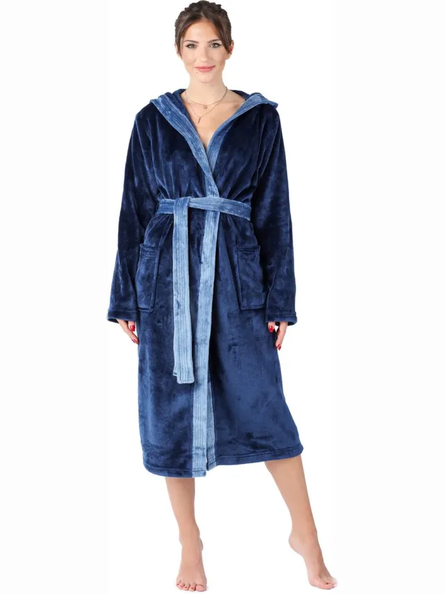 Bellivalini Dames Badjas met Capuchon - Wasmachine bestendig - Polyester - Donkerblauw - XXL - BLV-BLV50-168-DG