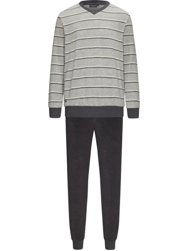 Pastunette Badstof Heren pyjama - Grey Stripes - S - Grijs