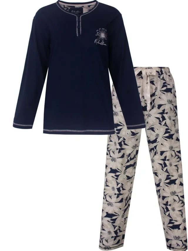 Medaillon Dames Pyjama - Lange Mouwen - Donker Blauw Donkerblauw