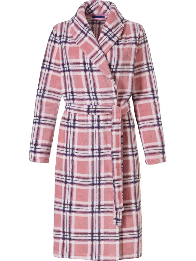 Pastunette Dames badjas roze – zacht fleece – warm – ruitpatroon – Pastunette – maat L (44/46)