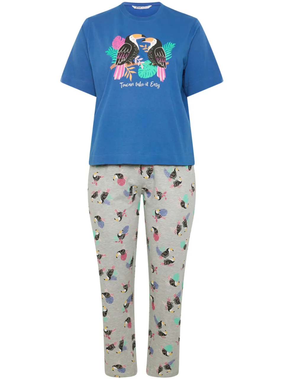 Yours Blauwe 'Toucan Take It Easy' Pyjamaset Met Wijde Pijpen-44, foto 4