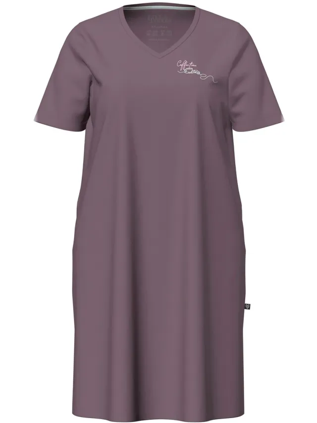Ulla Popken Dames - Bigshirt Coffee Time V-hals korte mouw - Aarde - Maat 42+