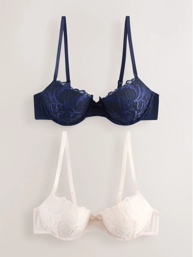 Next Dames - Set van 2 push-up beha's met borduursels en vulling - Crème Navy/Cream