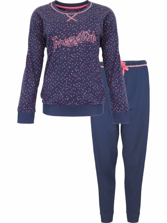 Irresistible Dames Pyjama - Katoen - Roze Stippen - Donker Blauw