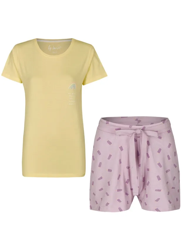 By Louise Dames pyjamaset katoen shortama met print geel roze Veelkleurig