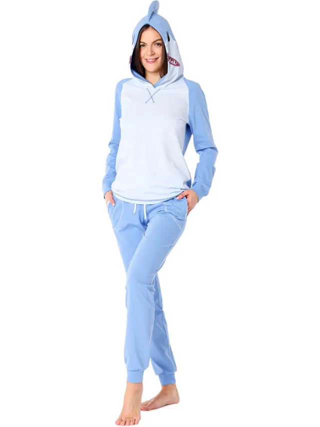Ladeheid Dames Pyjama - met Capuchon - Lange mouwen - Lange broek - Katoen - LA-LA40-238-PJ - Blauwe Haai