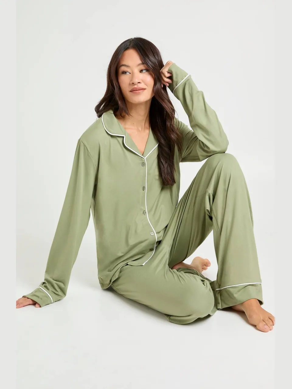 boohoo Dames Lang jersey met pijpdetail overhemd met lange mouwen & broek pyjamaset verstandig, foto 2