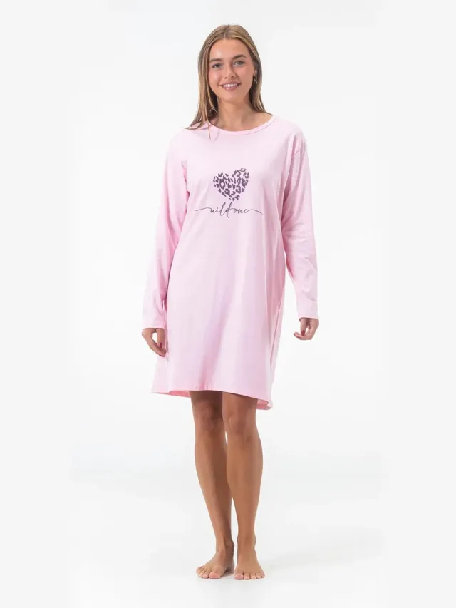 GAUBERT Essential Dames Nachthemd Lange Mouw - Premium Gekamd Katoen - Wild One Panterprint - Roze - GB-6809 Lange Mouw, Roze, Wild One