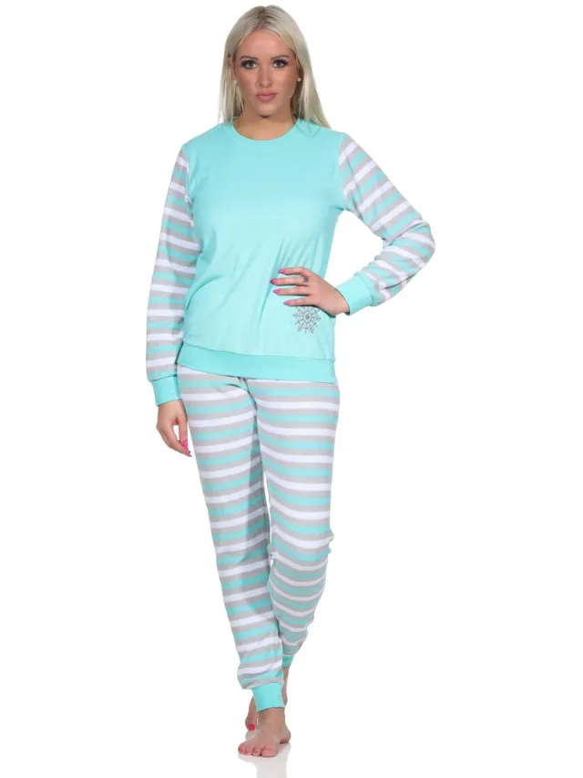 Normann Ringetjes Badstof pyjama voor dames met lange mouwen en ijskristallen mint