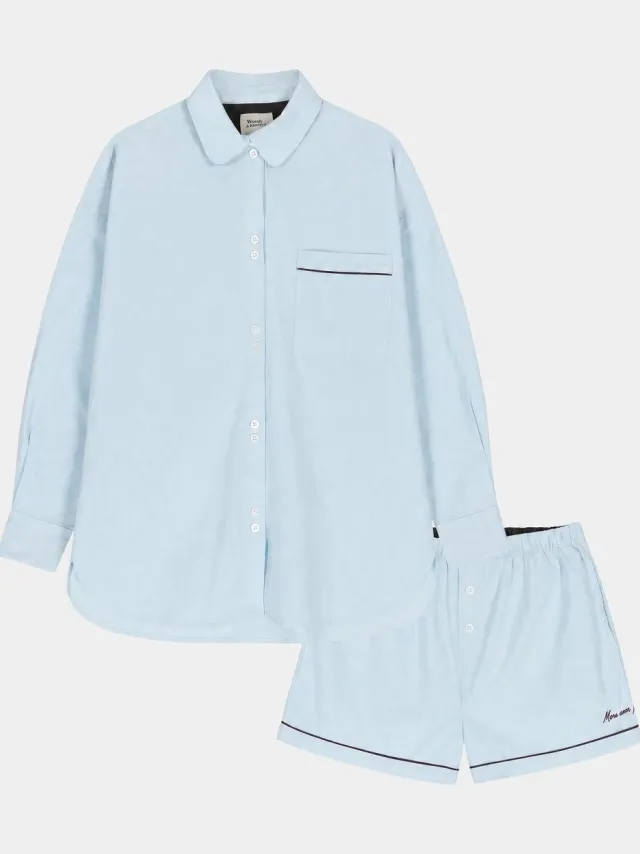 Woody & Kirilove Pyjama Dames & Tieners – Lichtblauw – Doorknoophemd met Lange Mouwen & Short – 263-14-WKA-W/803