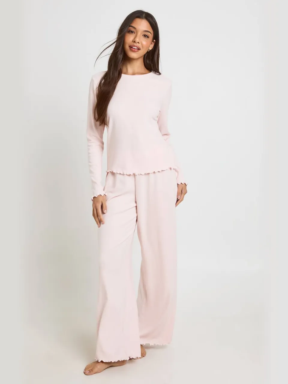 boohoo Dames Pyjama Set Met Geribbelde Top Met Lange Mouwen En Broek Met Slaboordjes baby roze, foto 3