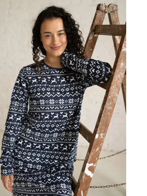 By Louise Dames nachthemd lange mouw winter print Blauw