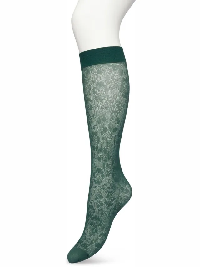 Bonnie Doon Dames Bloemen Panty Kniekousen Donker Groen - Knie Kousen 20 denier - Gebloemd - Bloemen Print - Perfect draagcomfort - Fancy Flower Knee High - Kniesokken - Zakt niet af - OEKO-TEX - Donkergroen - Trekking green - BP221803.380