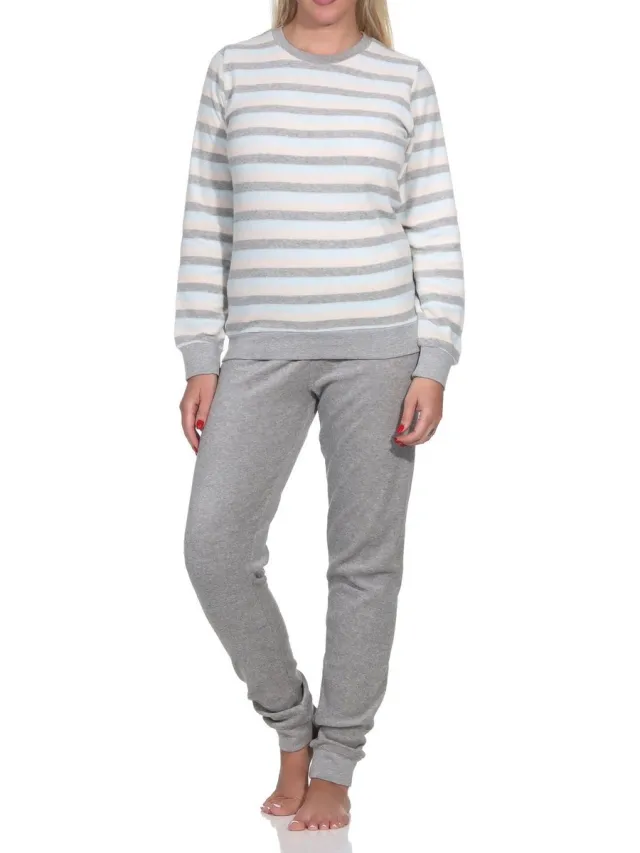 Normann Dames Badstof pyjama met lange mouwen en manchetten - blokstreep-look - ook in overmaten hellblau1