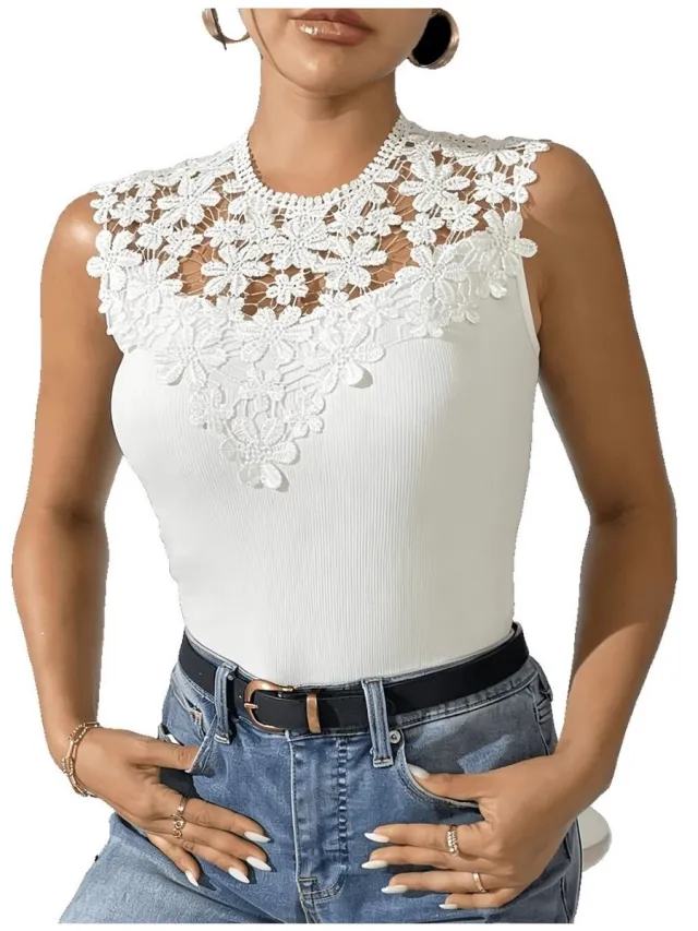 Currero Top Met Kant Dames - Topje - Kleding - Shirt - Blouse - Kort - Volwassen - Wit