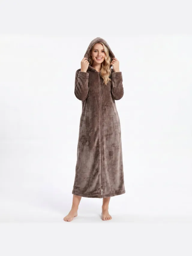 GAUBERT Extra Lange Dames Rits Badjas met Capuchon en Zijzakken - Ochtendjas - Superzacht Coral Fleece - Koffiebruin - 8206-Coffee Rits, Effen, Koffiebruin