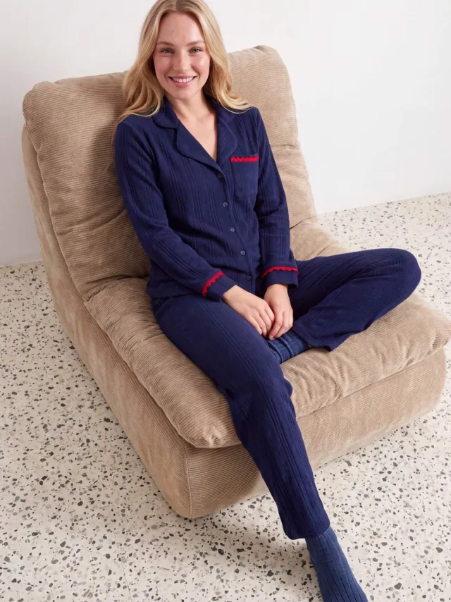 Trendyol TRENDYOLMİLLA Dames 2-pack Donkerblauw Effen Lang, Regular fit Pyjama- Sets marineblauw/blauw, foto 2